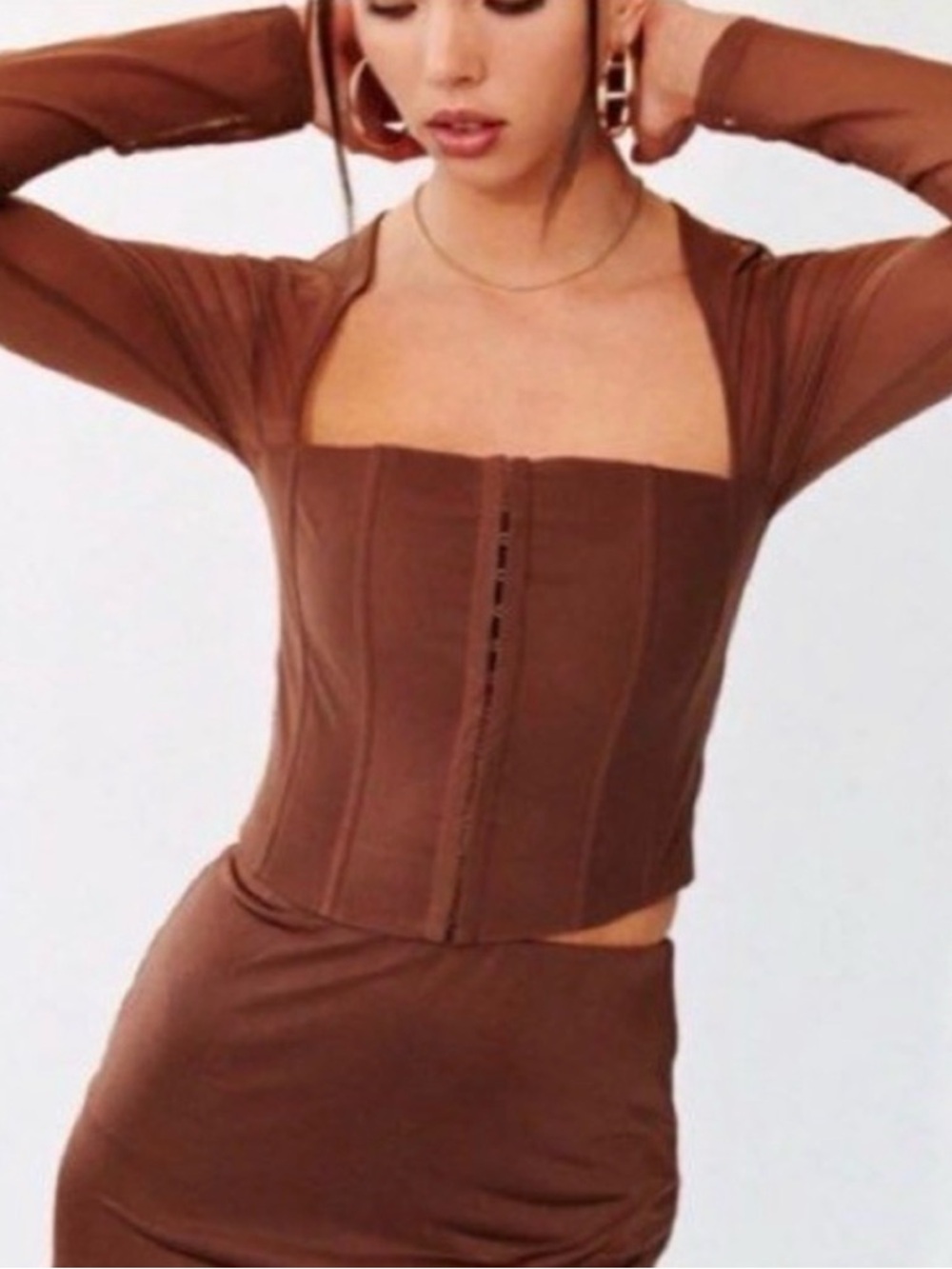 With Jean Brown Corset Top with Sheer Long-Sleeve